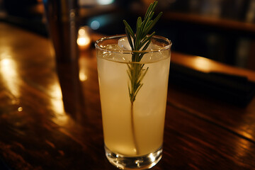 Cocktail with rosemary garnish on wooden bar countertop