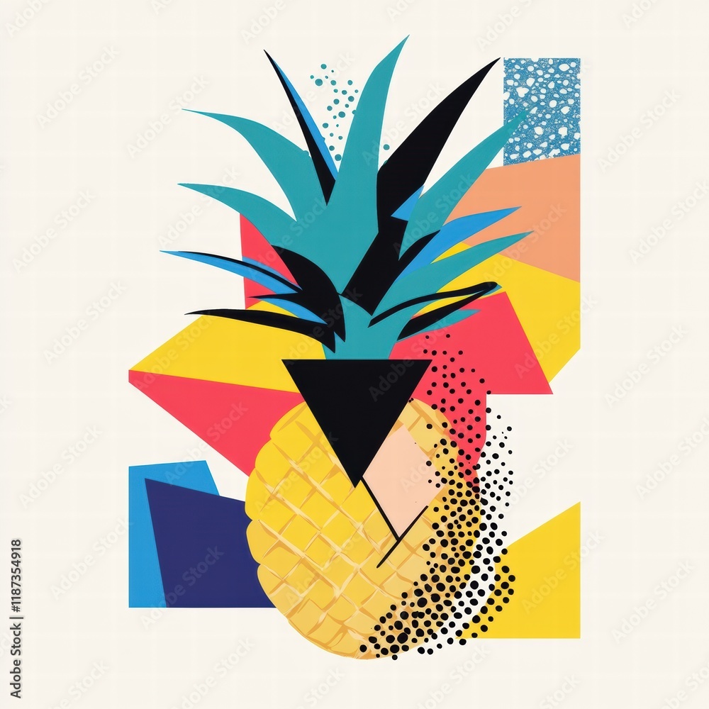 Poster vibrant abstract geometric design featuring a stylized pineapple in dynamic colors and shapes. gener