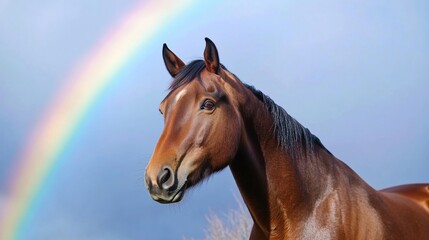 Fototapeta premium A stunning horse poses gracefully against a backdrop of a bright rainbow. The scene reflects a beautiful day with clear skies, showcasing the natural beauty of the landscape and animal