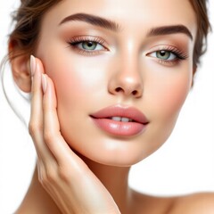 Radiant beauty with soft lighting, close-up face, flawless makeup, gentle hand pose, serene expression.