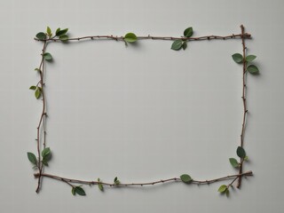 Nature-inspired frame with twigs and scattered green leaves on a soft beige background, perfect for minimalistic design.