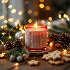 Cozy holiday glow red candle knit holder pine cones soft lights sweet cookies festive warmth ambiance