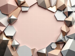Geometric metallic shapes, rose gold and silver, creating modern abstract frame on soft pink background.