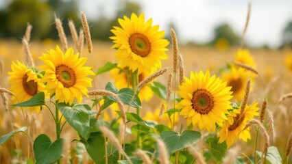Sunflower field with golden blooms and lush green leaves, bright sunny day, natural beauty and serenity highlight