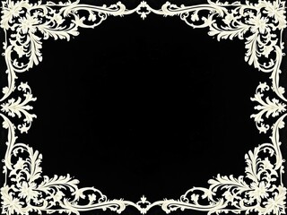 Ornate floral frame on black background, elegant white intricate design, classic decorative border theme