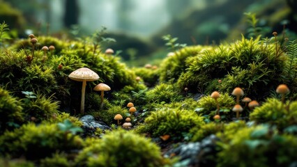 Mossy forest floor with clusters of small mushrooms, lush greenery, serene atmosphere, natural growth, peaceful setting.