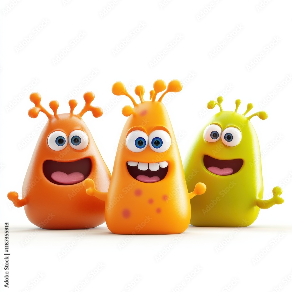 Poster cheerful microbes with eyes and smiles bring joy in a vibrant colorful setting. generative ai