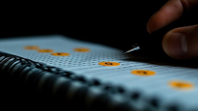 Hand filling out multiple choice exam or survey in dark room.