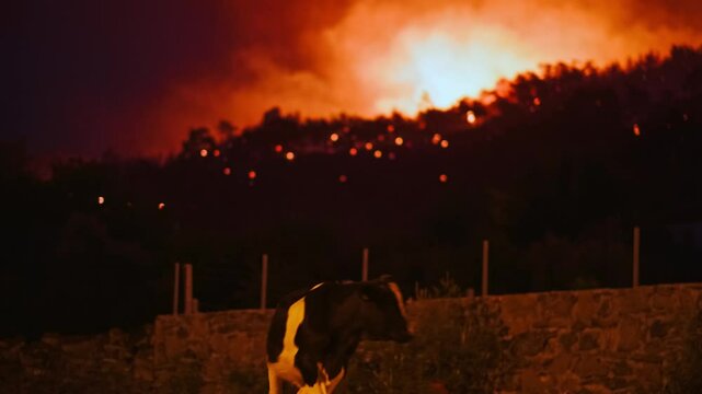 A forest fire blazes intensely, lighting up the night sky with orange flames. In the foreground, a lone cow stands near a stone wall, emphasizing the fire's impact on wildlife and rural landscapes.