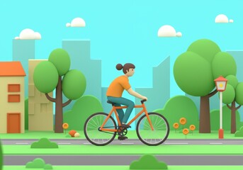 Colorful 3d cartoon cityscape with cyclist and greenery on sunny day