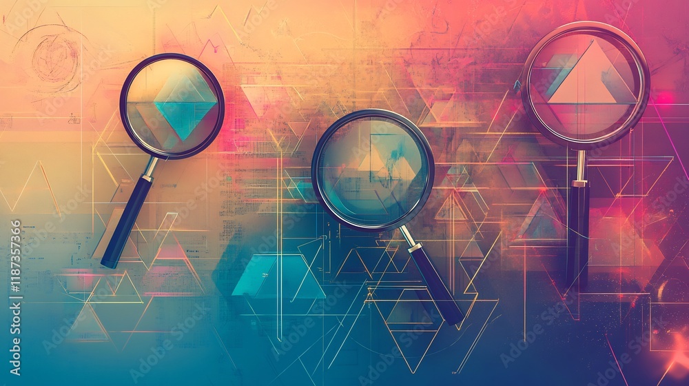 Poster Conceptual rendering of forensic accounting featuring symbolic magnifying glass geometric patterns representing fraud detection
