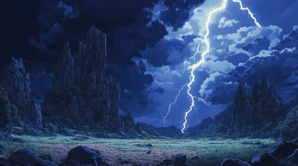 Dramatic lightning storm over dark, rocky landscape.