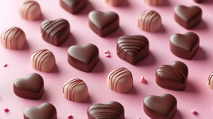 Fototapeta premium Pink background with chocolate hearts. Mother's Day, wedding, valentine's Day.