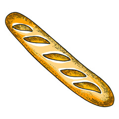 A hand-drawn cartoon-style illustration of a classic French baguette. Long and golden-brown with a rustic texture, isolated on a white background