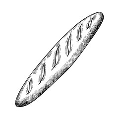 A hand-drawn cartoon-style illustration of a classic French baguette. Long and golden-brown with a rustic texture, isolated on a white background