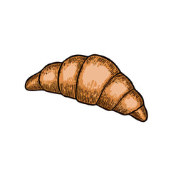 A hand-drawn cartoon-style illustration of a classic French croissant. Flaky, golden-brown pastry with curved edges, isolated on a white background
