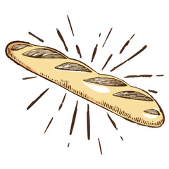 A hand-drawn cartoon-style illustration of a classic French baguette. Long and golden-brown with a rustic texture, isolated on a white background