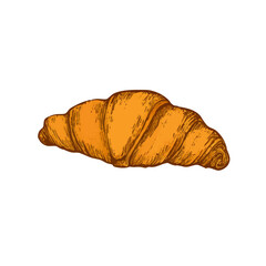 A hand-drawn cartoon-style illustration of a classic French croissant. Flaky, golden-brown pastry with curved edges, isolated on a white background