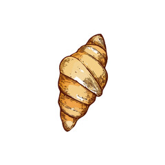 A hand-drawn cartoon-style illustration of a classic French croissant. Flaky, golden-brown pastry with curved edges, isolated on a white background