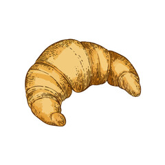 A hand-drawn cartoon-style illustration of a classic French croissant. Flaky, golden-brown pastry with curved edges, isolated on a white background