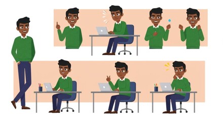 Fototapeta premium Animated character in green sweater with diverse expressions working at desk