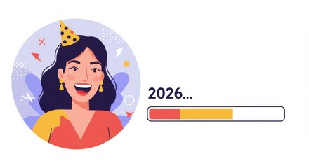 Woman celebrating new year 2026 with progress bar and festive background