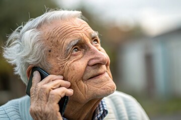 Elderly man engaged in thoughtful conversation on smartphone outdoors