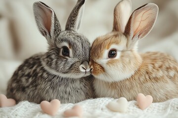 Obraz premium Two adorable rabbits cuddling together on a soft blanket with hearts.
