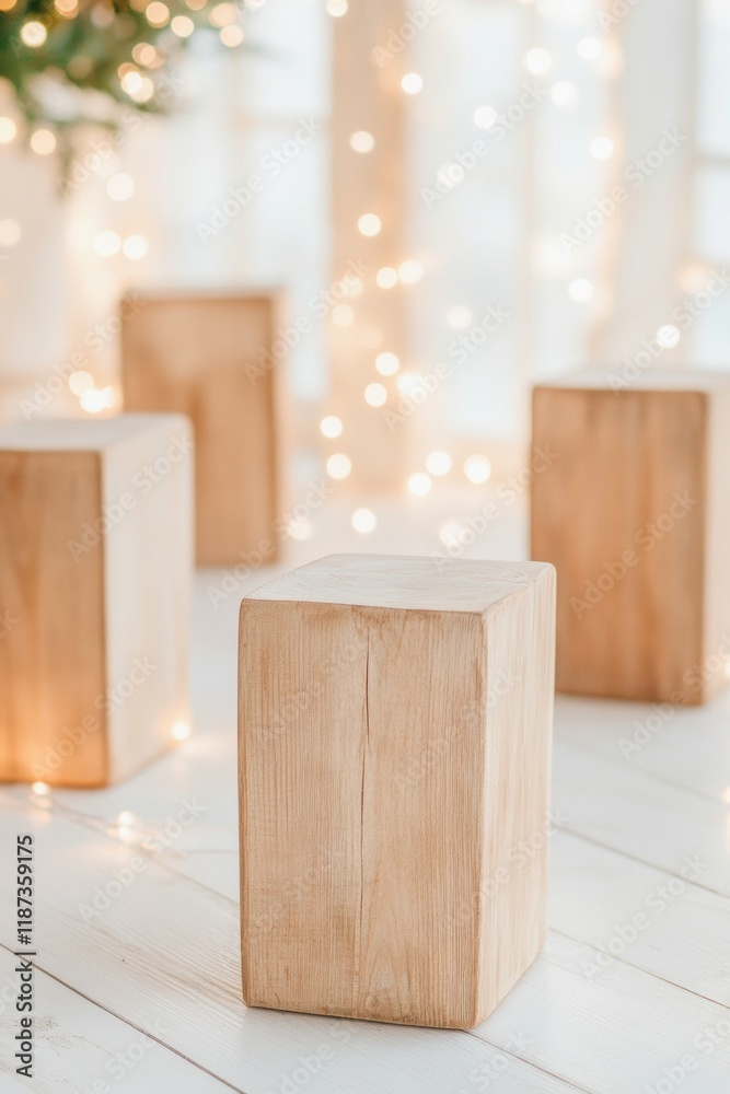 Poster Warm Ambiance Wooden Blocks with Soft String Lights in Minimalist Setting