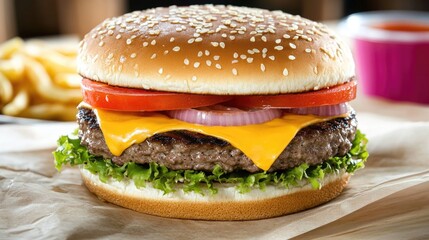 Hamburger with cheese and onions on top of a bun. The bun is on a paper plate