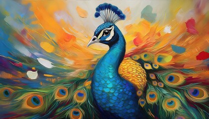 Vibrant Multicolored Peacock Oil Painting on Canvas A Majestic Beauty Showcasing Intricate Details and Rich Colors