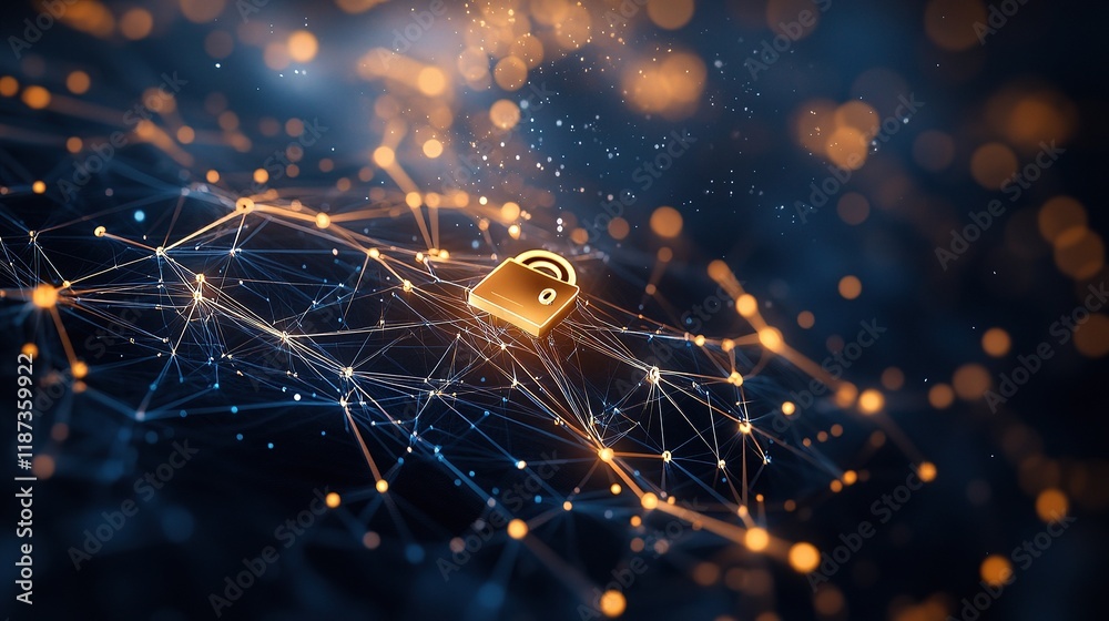 Poster digital lock over binary network concept in cybersecurity visual
