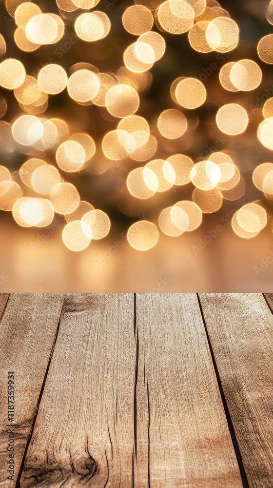 Aufkleber Empty wooden table with sparkling christmas lights creating a warm and inviting atmosphere, perfect for showcasing holiday products or decorations
