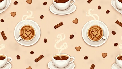 Obraz premium Steaming coffee cups with latte art hearts on a warm taupe background. A cozy and romantic Valentine’s Day pattern for coffee lovers.