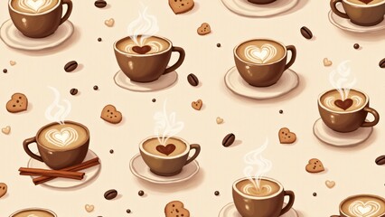 Obraz premium Steaming coffee cups with latte art hearts on a warm taupe background. A cozy and romantic Valentine’s Day pattern for coffee lovers.
