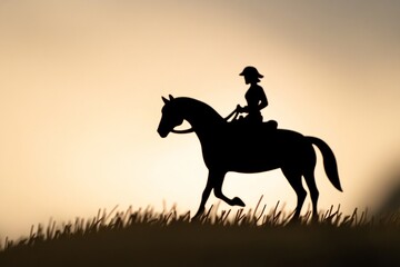 Naklejka premium A solitary rider gracefully sits atop a horse as they traverse a gentle hill. The sunset casts a warm glow, creating a striking silhouette in a serene landscape