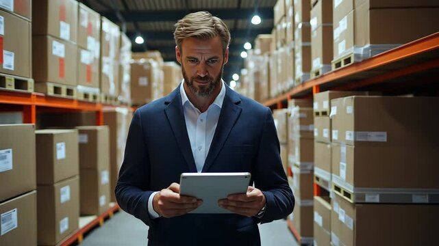 notion of procurement supply delivery. A businessman in a suit examines logistics information on a tablet.