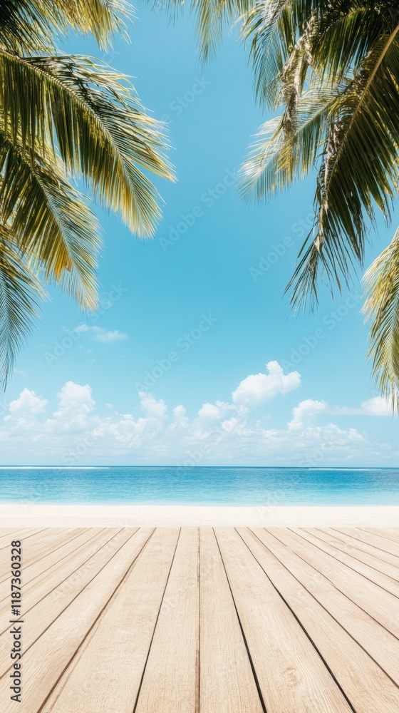 Poster wooden planks extending towards a pristine beach framed by palm trees, offering a serene view of tur