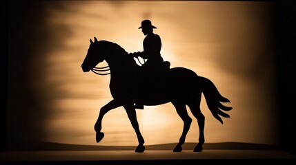 Naklejka premium A rider sits confidently on a horse, silhouetted against a warm, golden sunset. The tranquil atmosphere captures the essence of equestrian elegance during twilight hours