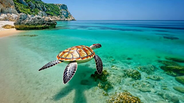 Caretta Caretta turtle gracefully swims near the shores of Zakynthos marine reserve, CarettaCaretta turtle marine reserve in Zakynthos Gerakas beach Greece travel
