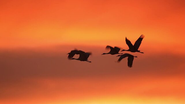 silhouette of a group of bird fly in beautiful sunset cloud 