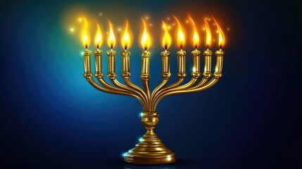 Fototapeta premium Gold candelabra with lit candles on it. The candles are lit and the image is of a blue background