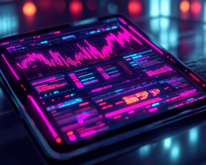 Obraz premium Neon Financial Insights on Tablet Modern Digital Finance and Investment Visualization