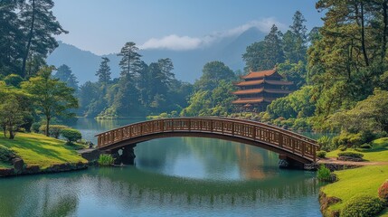 Fototapeta premium Serene Asian garden with wooden bridge, lake, and pagoda.