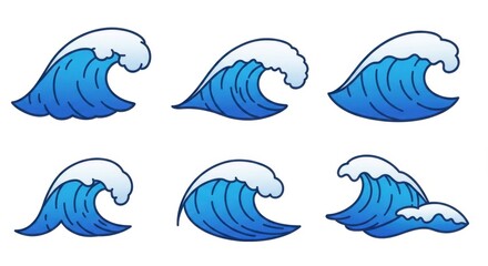 Fototapeta premium Stylized ocean waves collection: six unique blue wave designs with white caps for graphic projects