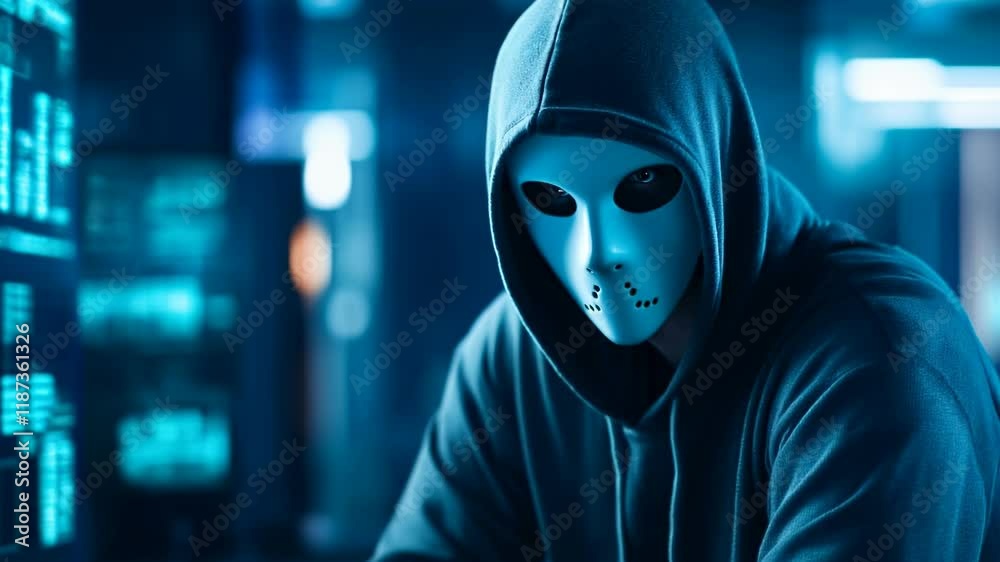 Poster Hacker in mask working on computer. Dark operating room with multiple monitors. Cybercrime, attack and cyberattack concept. Cybersecurity, data protection.
