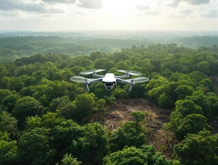 Drone capturing lush green forest landscape under a cloudy sky