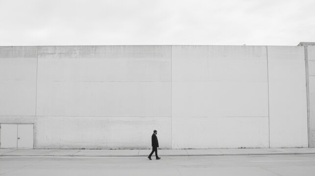 Fototapeta Solitary figure walking in front of a large, blank concrete wall.