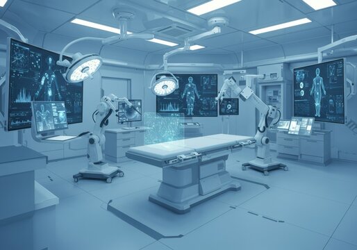 Advanced robotic surgery room with futuristic medical technology and digital displays