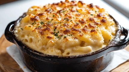 Large bowl of macaroni and cheese with a lot of cheese on top. The dish is served on a wooden table